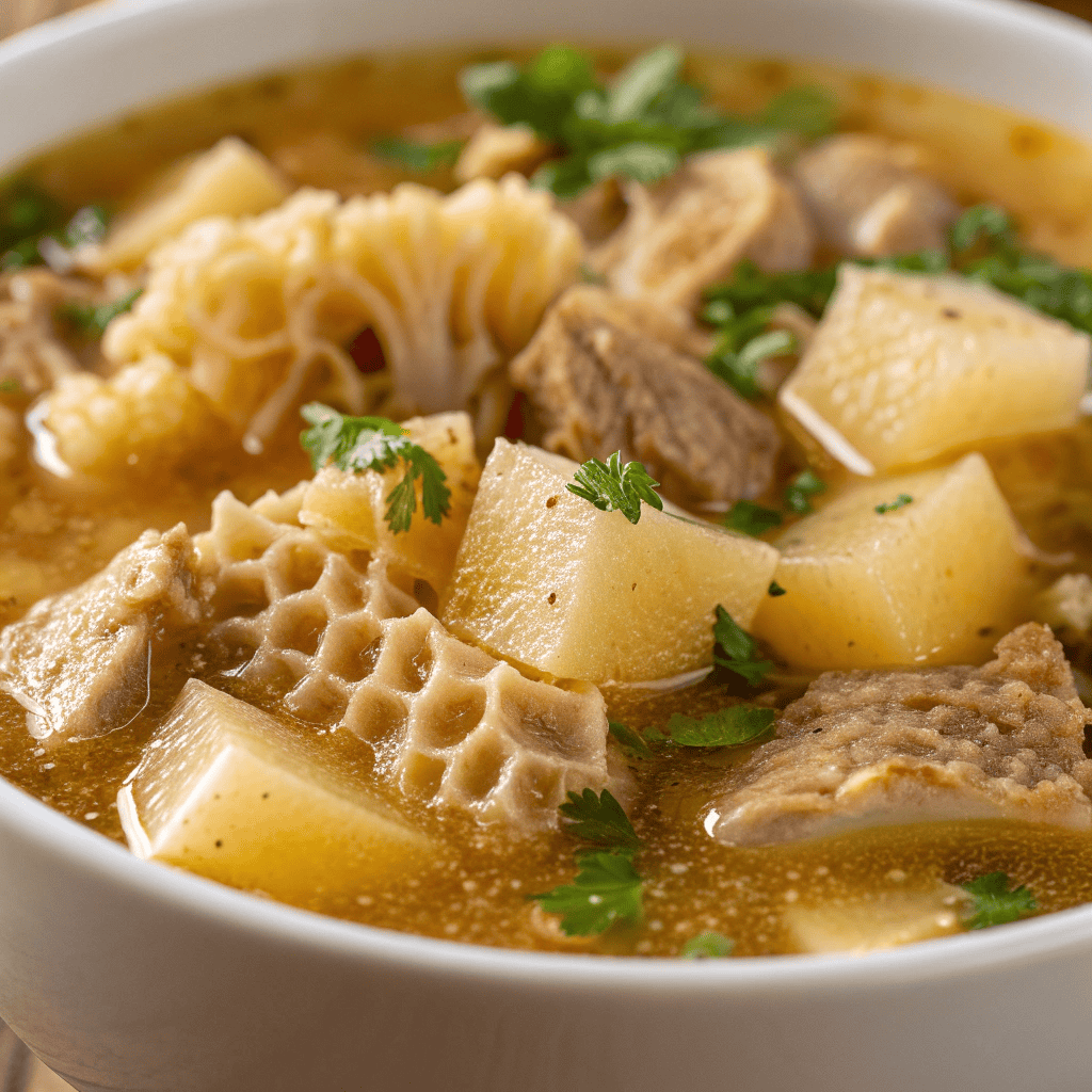 Macro close-up of tripe soup showing tender tripe pieces, potato cubes, parsley, and glossy golden broth.