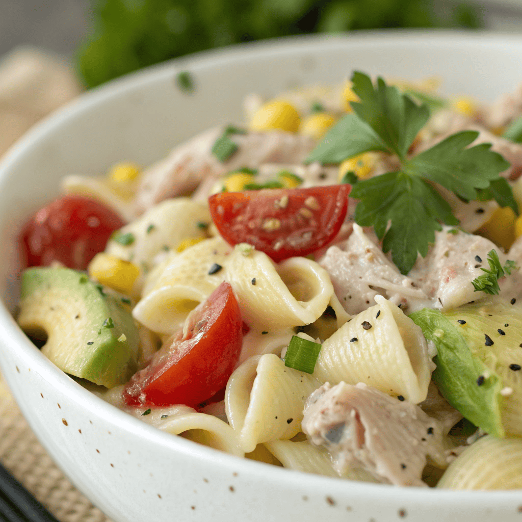 Macro close-up of tuna pasta salad showing creamy shell pasta, flaked tuna, avocado, corn, tomatoes, and parsley.