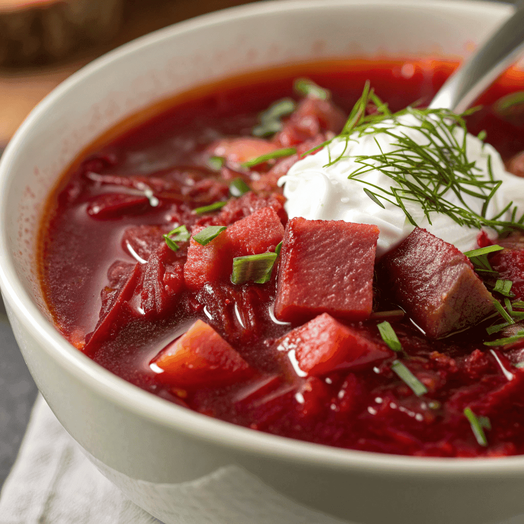 Macro close-up of Ukrainian borscht showing beet strands, cabbage, meat, dill, and creamy sour cream texture.