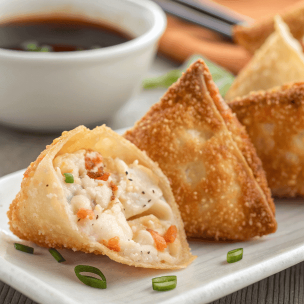 Close-up of crab rangoon bomb showing crispy wonton shell and creamy crab filling