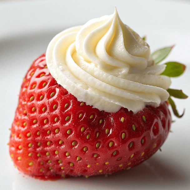 Close-up of deviled strawberry showing cream filling texture and strawberry surface