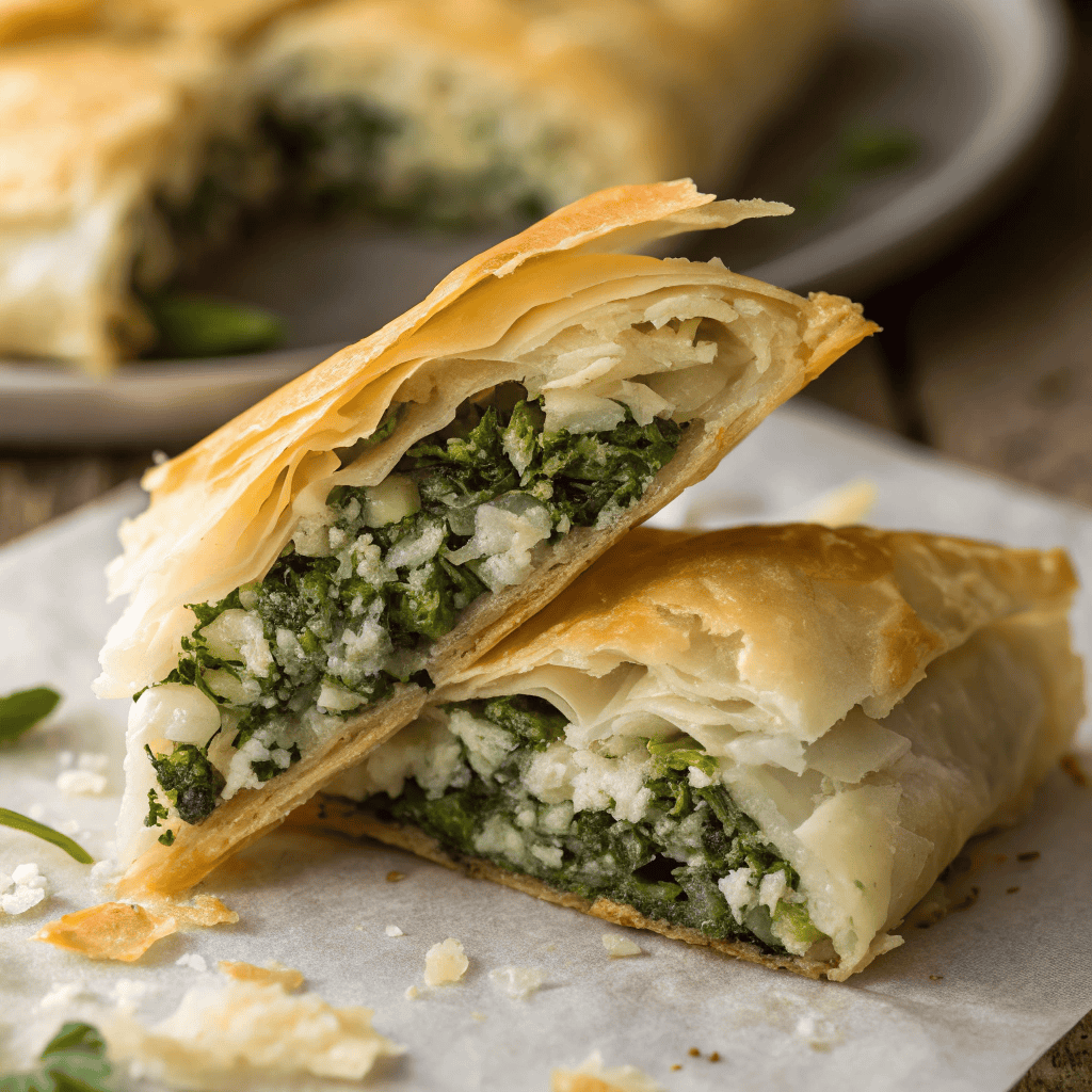 Close-up of flaky phyllo layers and spinach feta filling inside spanakopita triangle
