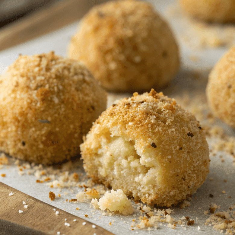 Close-up of baked arancini showing crispy golden breadcrumb texture