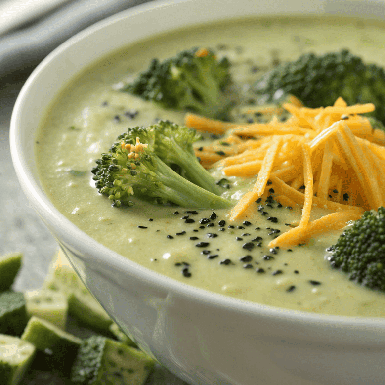 Close-up texture of broccoli cheddar soup showing creamy base, cheese, and broccoli florets