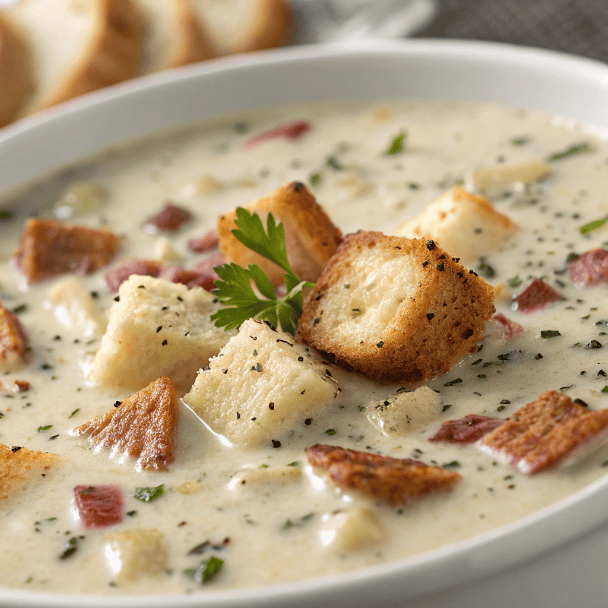 Clam Chowder Soup – Creamy, Comforting & Full of Flavor 3 Close-up of creamy clam chowder showing clams and potatoes without bacon