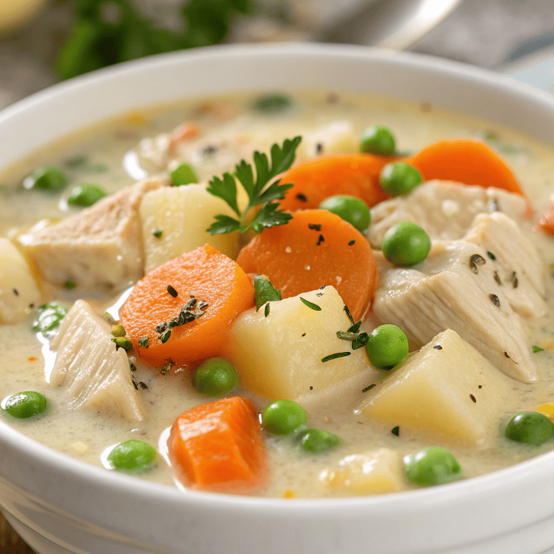 Close-up of creamy chicken potato soup showing chicken pieces, peas, carrots, and smooth broth texture