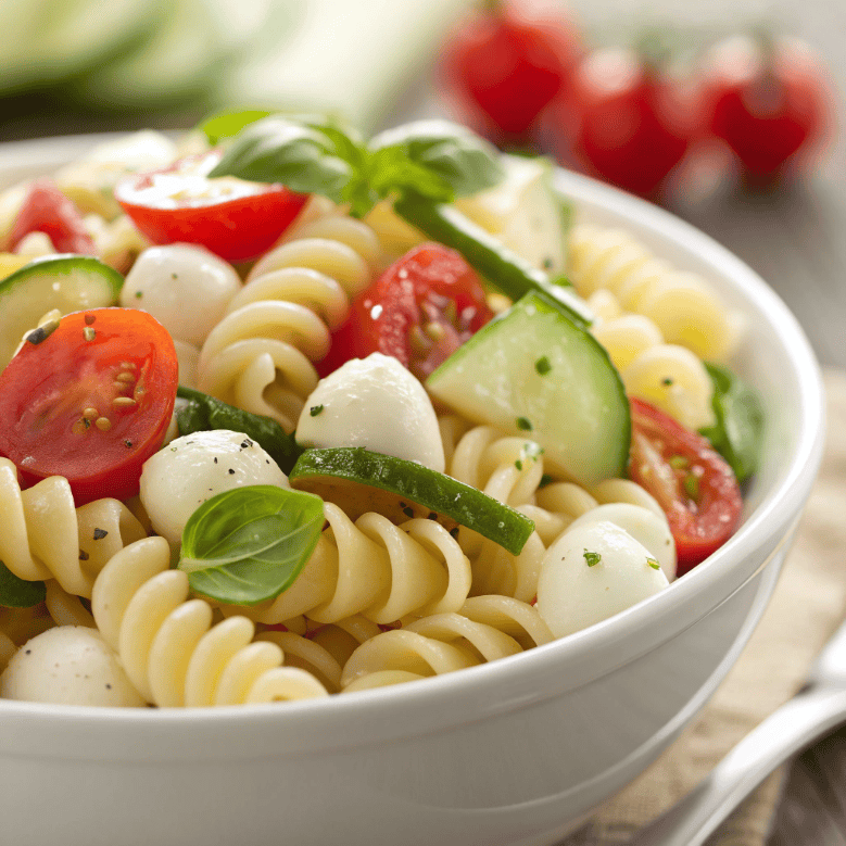 Close-up of Italian pasta salad showing rotini pasta, tomatoes, cucumbers, and mozzarella
