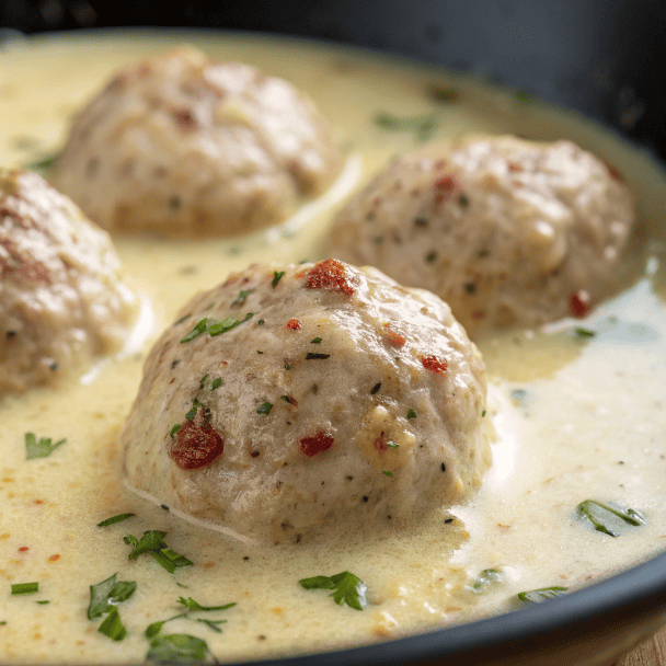 Close-up of keftedes meatballs showing browned surface and creamy lemon sauce