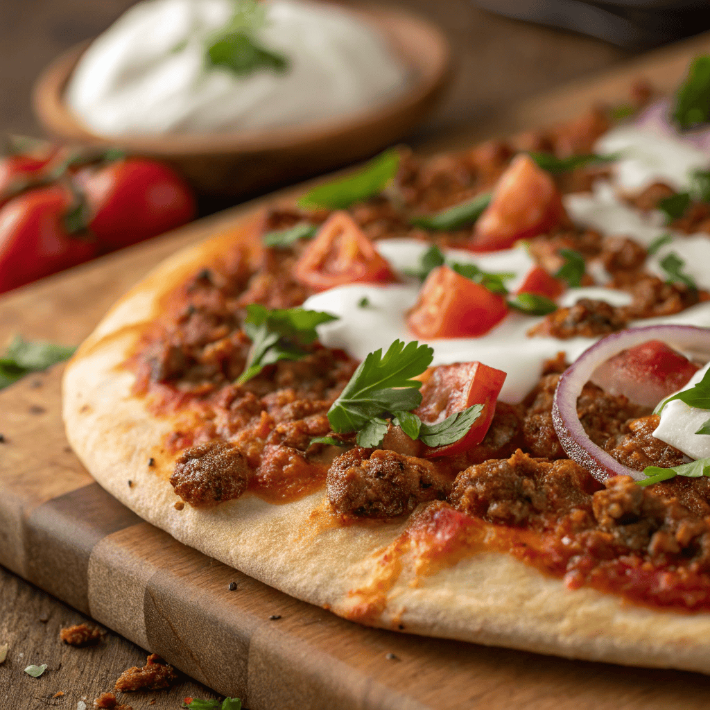 Close-up of lahmacun showing minced meat topping, yogurt sauce, and crisp flatbread texture