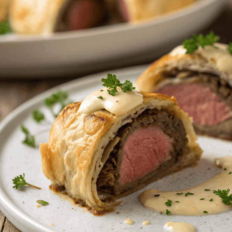 Close-up of mini beef Wellington showing flaky puff pastry and tender beef texture