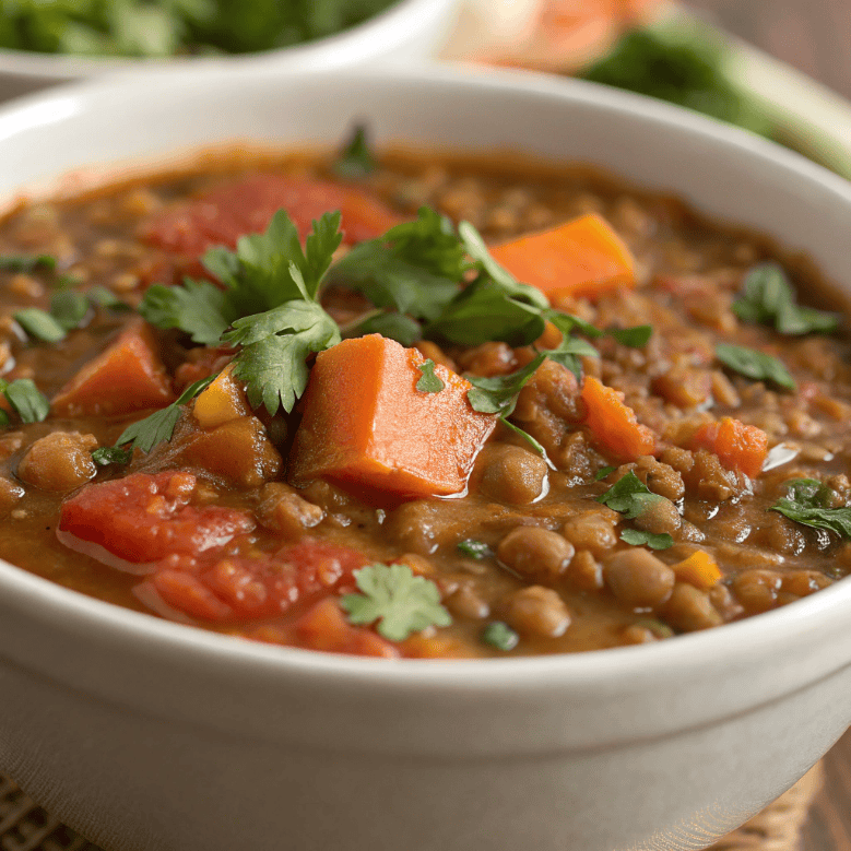 Close-up texture of Moroccan lentil soup showing lentils, carrots, and thick spiced base