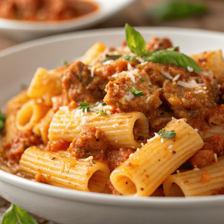 Close-up of pasta alla zozzona showing creamy sauce, sausage texture, and rigatoni ridges