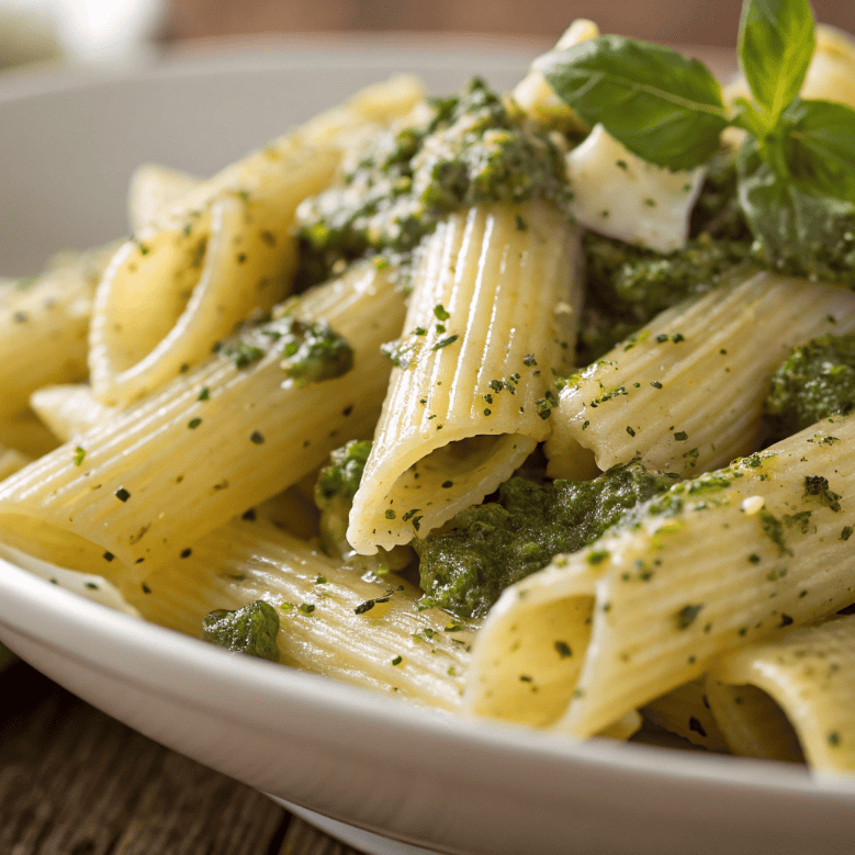 Close-up of pesto sauce pasta showing creamy texture, herbs, and pepper speckles