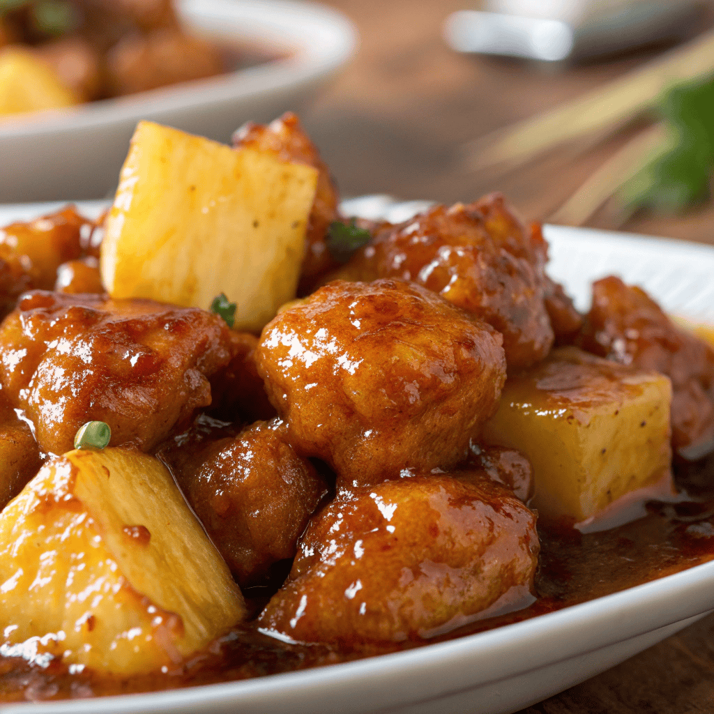 Close-up of pineapple chicken showing glossy sauce texture and juicy pineapple