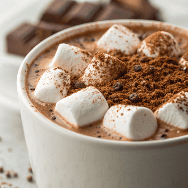 Spiced Hot Cocoa Recipe | Anti-Inflammatory Turmeric Drink 3 Close-up of hot cocoa surface with melting marshmallows and spice dusting