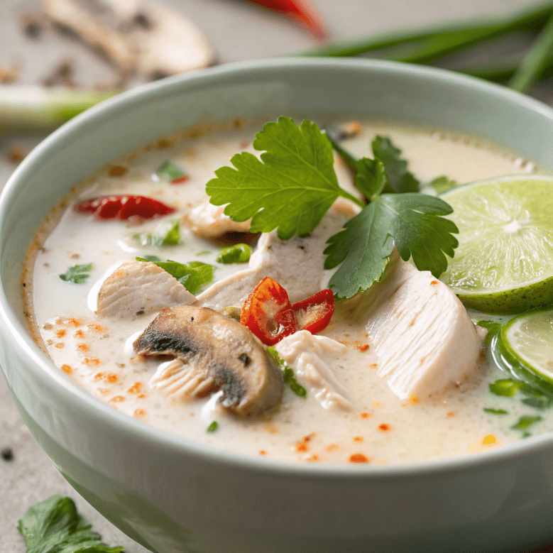 Close-up texture of Tom Kha Gai soup showing coconut broth, chicken slices, and herbs