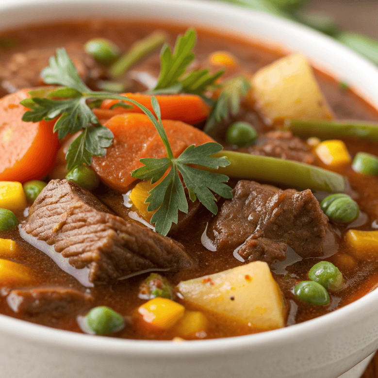 Close-up texture of vegetable beef soup showing beef chunks, vegetables, and rich broth