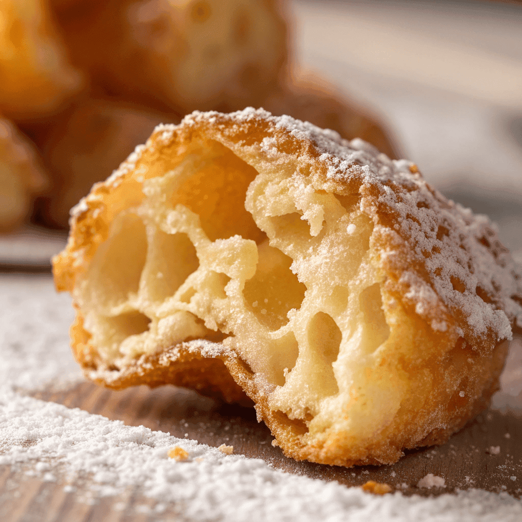 Air Fryer Funnel Cake Bites Recipe | Easy, Crisp & Golden 3 Macro shot revealing the crisp golden texture and powdered sugar on a funnel cake bite.