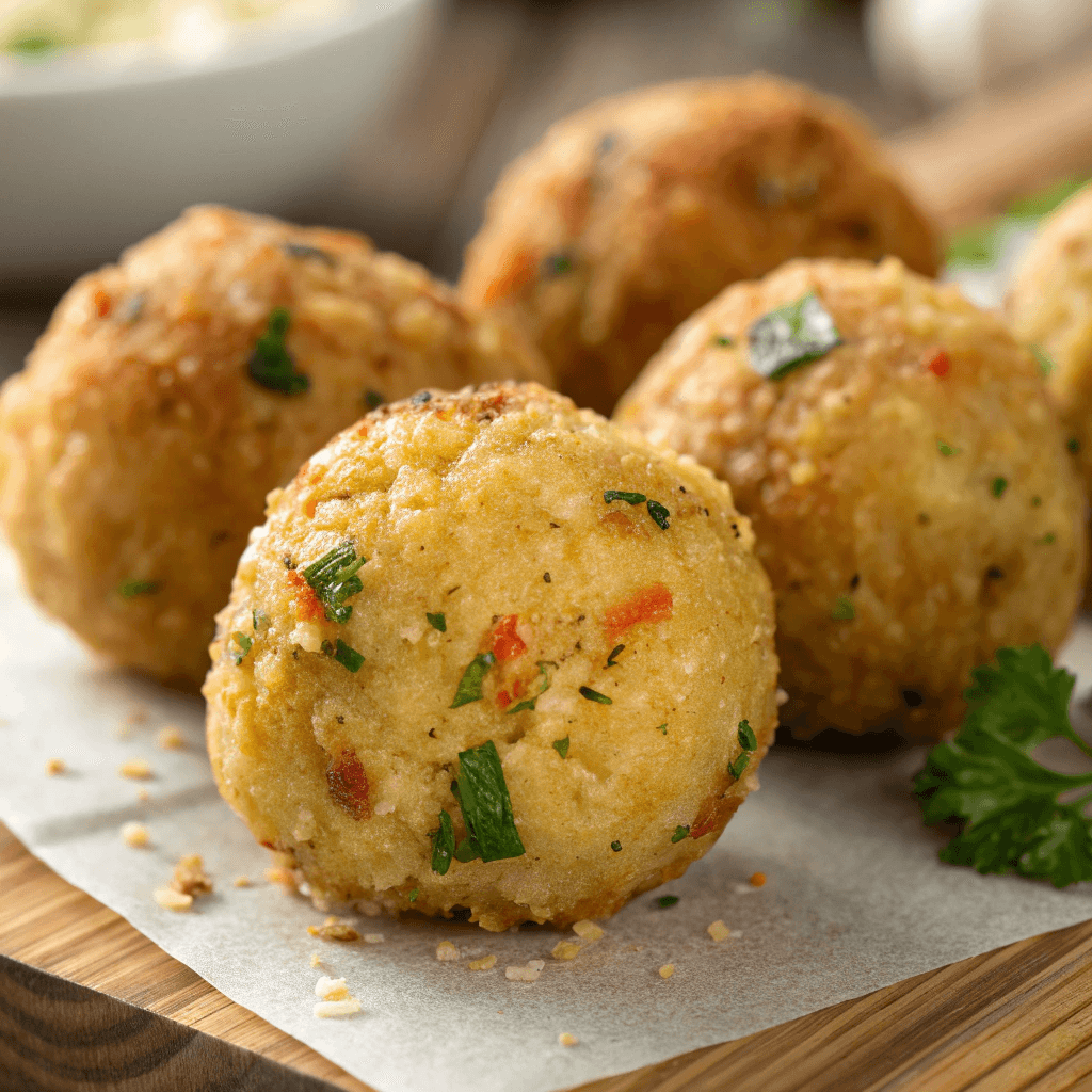 Macro shot showing the crispy golden surface and seasoning on an air-fried tofu ball.