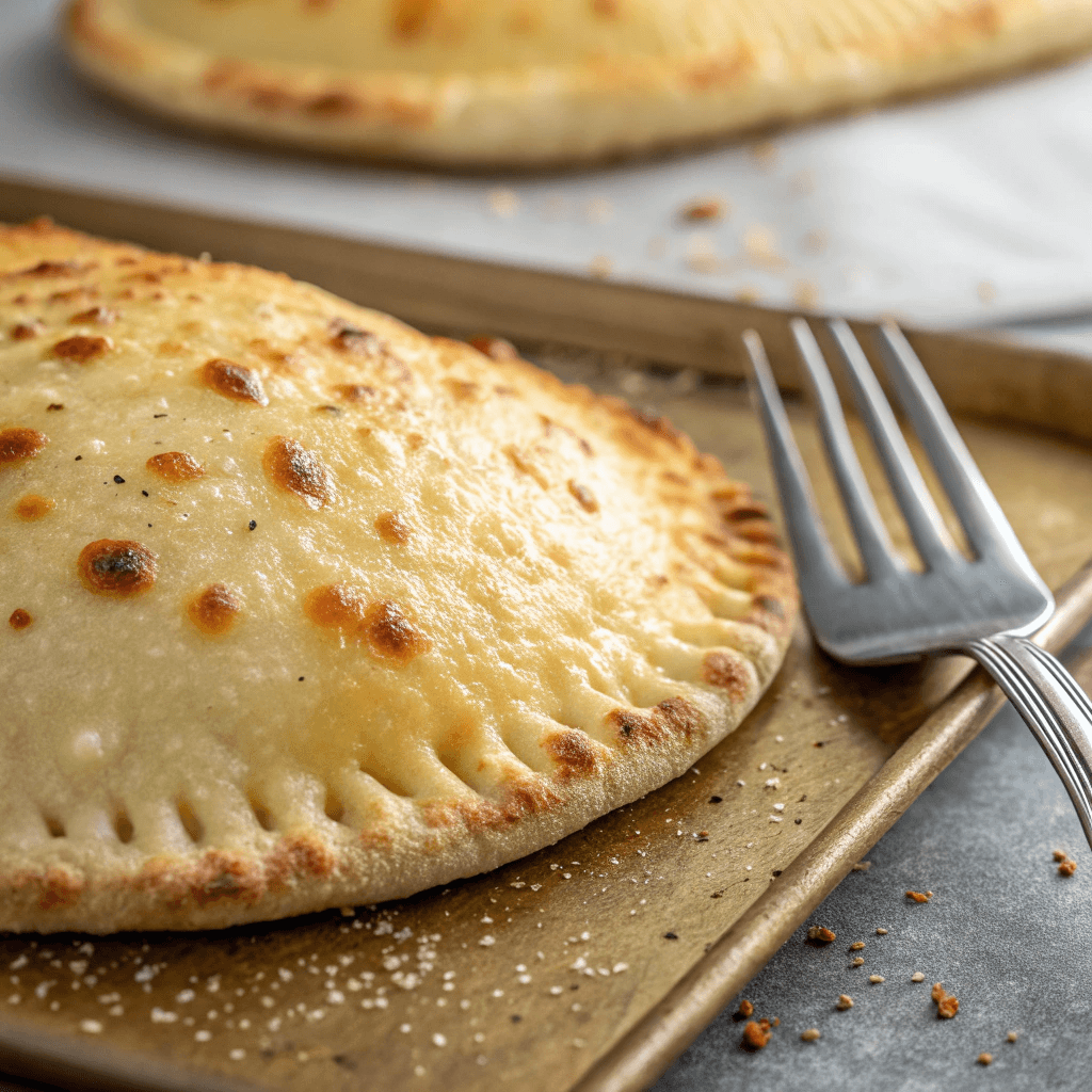 Air Fryer Calzones | Crispy, Cheesy & Ready in 15 Minutes 3 Macro shot showing the golden crust and crimped edges of an air fryer calzone.