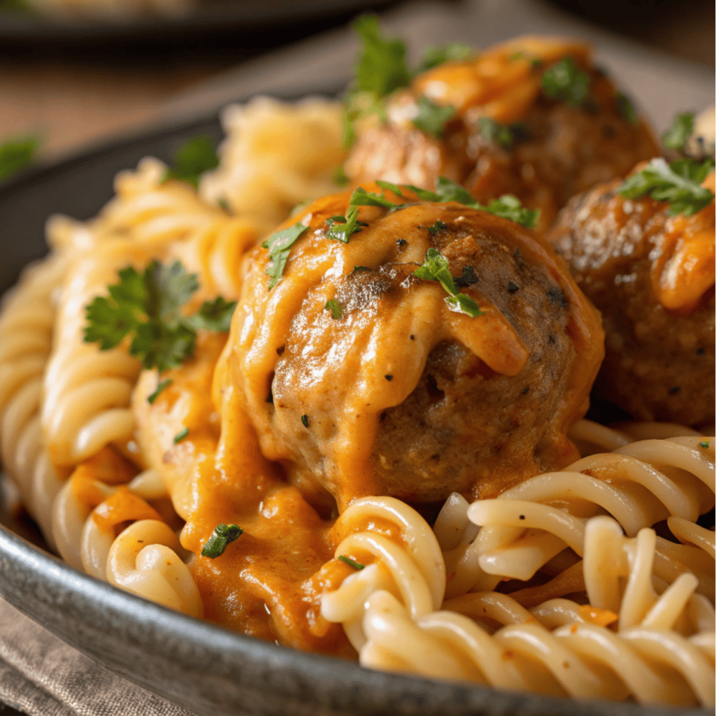 Macro close-up showing meatball texture, pasta ridges, cheese melt, and BBQ ranch sauce.