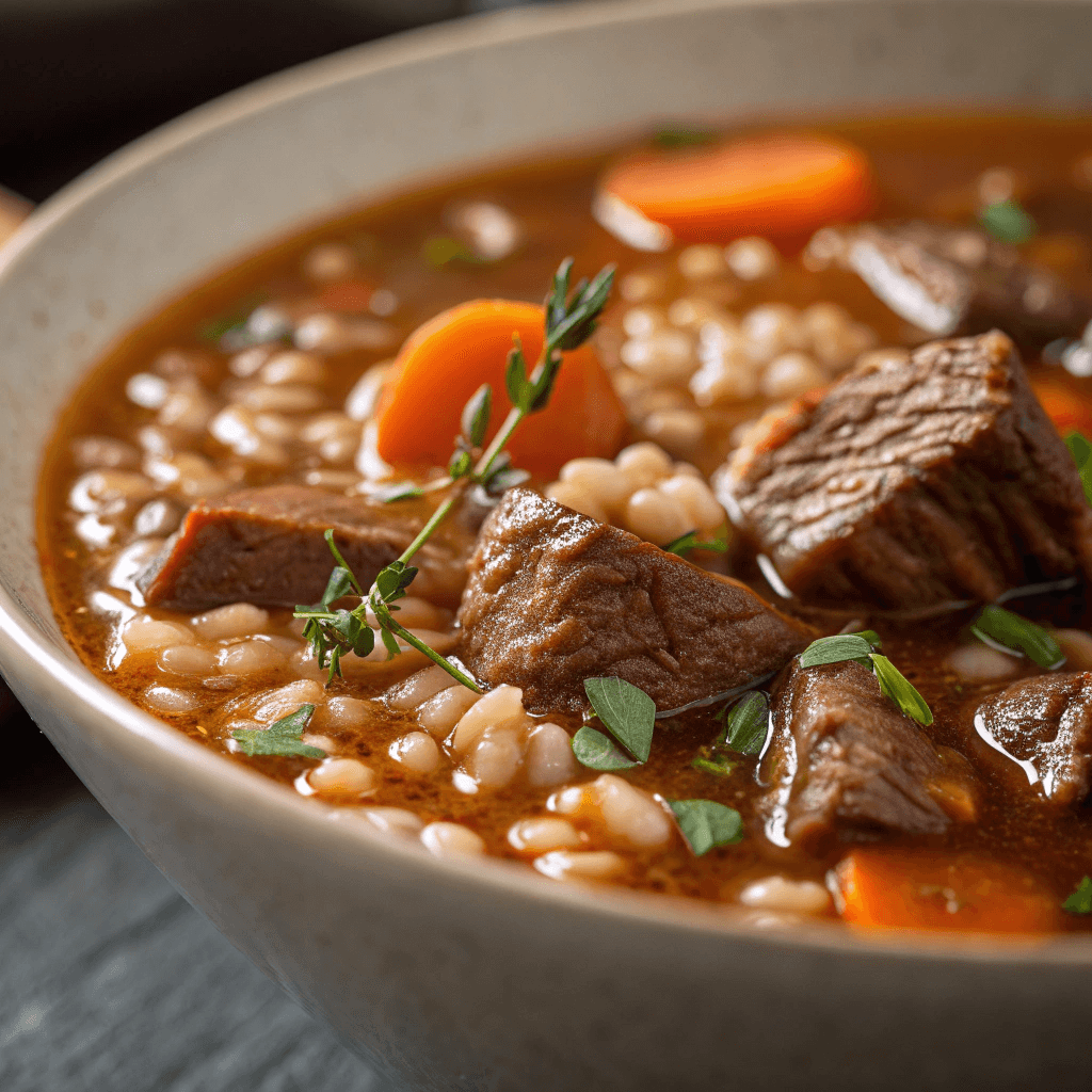Macro close-up showing barley, beef, broth, and vegetables in beef barley soup.