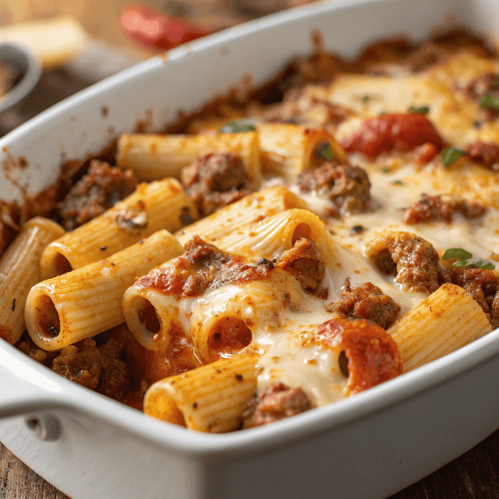 Classic Beef Rigatoni Cheese Bake (Easy & Cheesy Dinner) 3 Macro shot showing melted mozzarella and saucy beef coating rigatoni pasta.