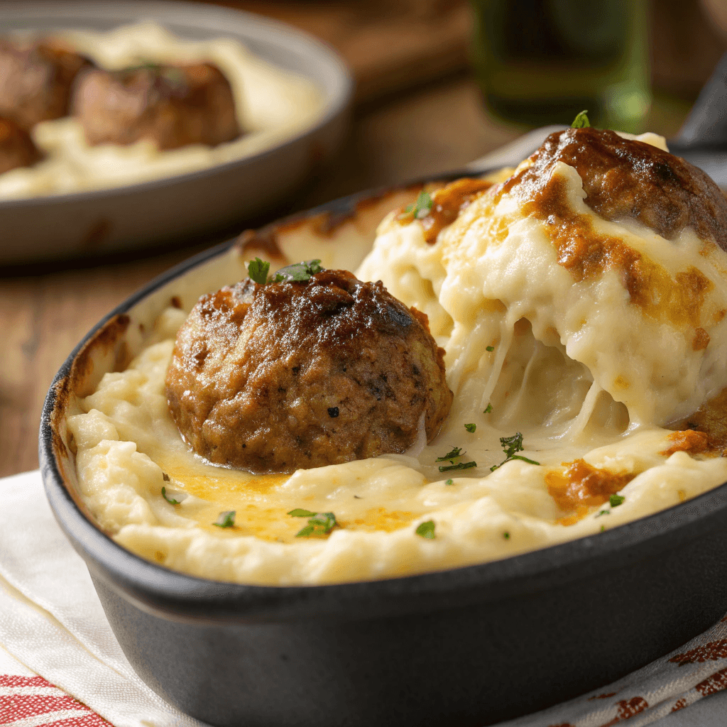 Macro shot highlighting the melted cheese, mashed potatoes, and browned meatball texture.