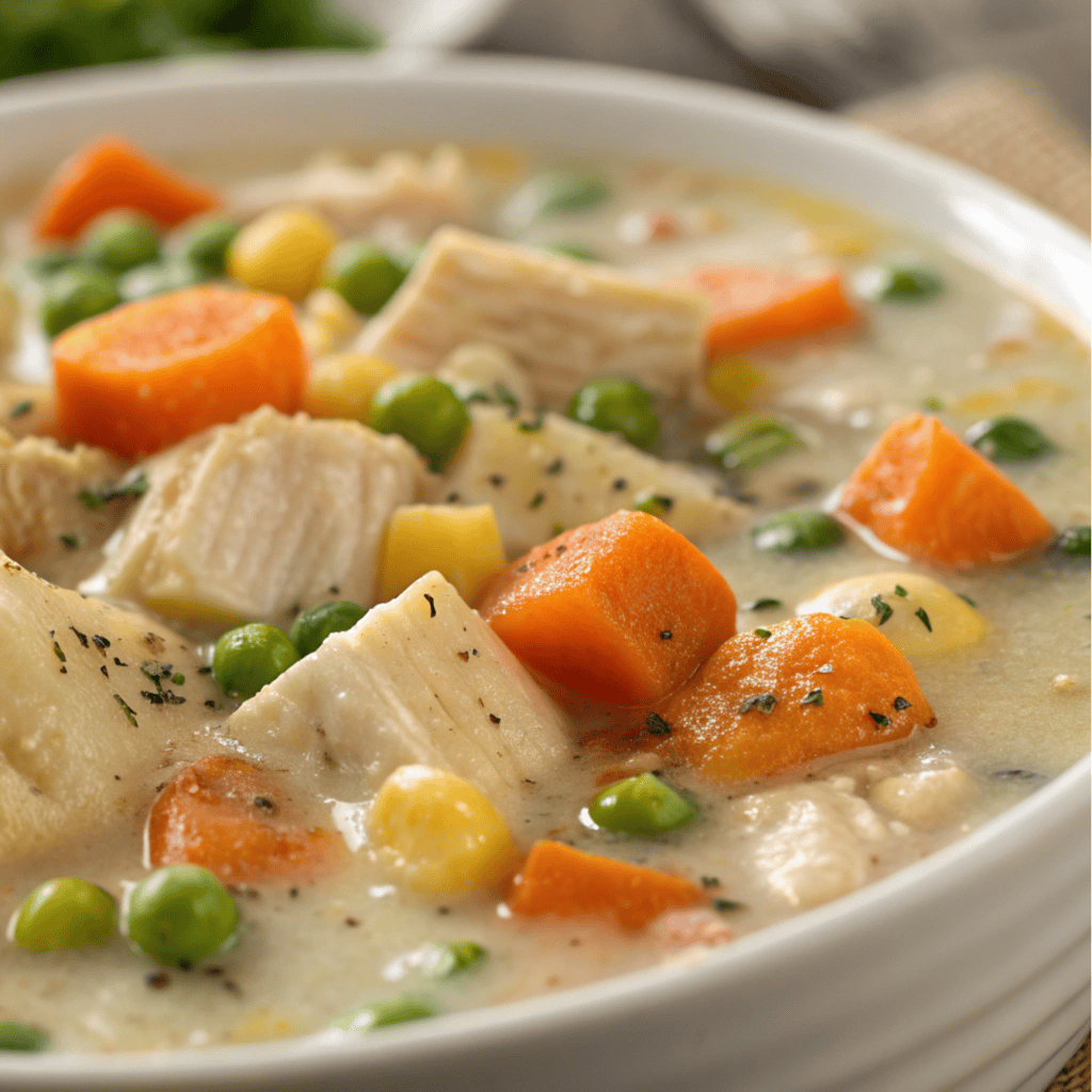 Close-up macro view of chicken pot pie soup showing vegetables, chicken, and creamy broth.