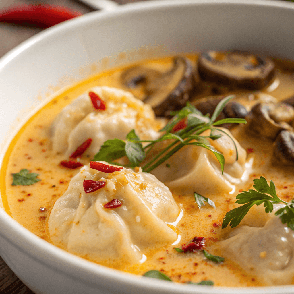Coconut Curry Soup Recipe – Creamy and Ready in 30 Minutes 3 Macro close-up of creamy coconut curry soup showing mushrooms, broth, and herbs.