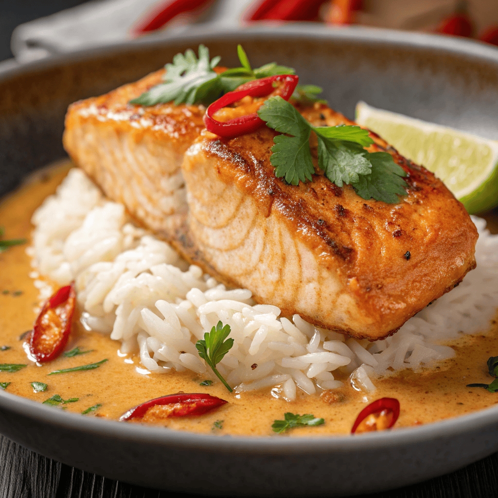 Extreme macro shot showing salmon, curry sauce, rice grains, and chili slices.