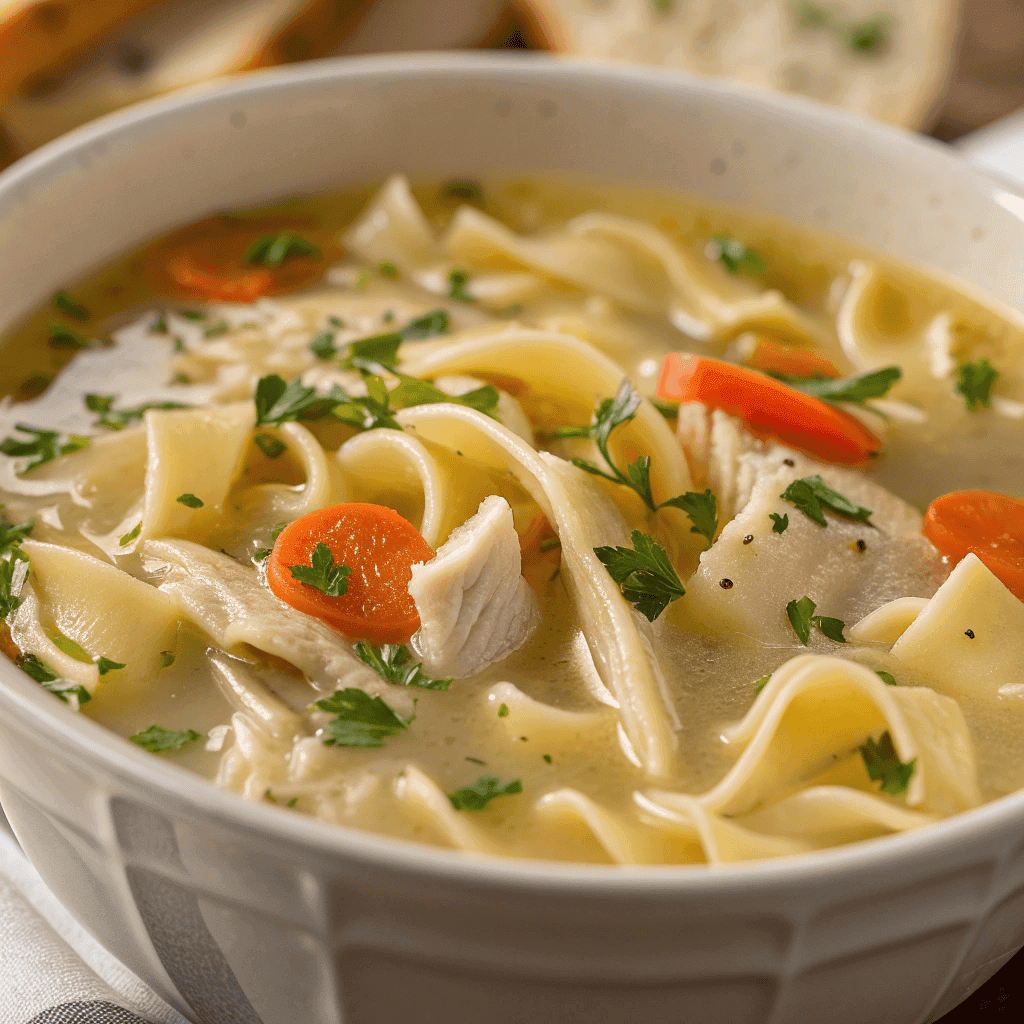 Macro close-up of creamy chicken noodle soup showing noodles, broth, chicken, and carrots.