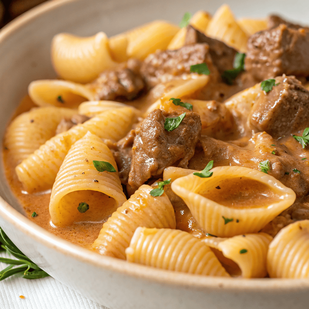 Creamy Beef and Shells – Easy One-Pot Pasta Dinner 3 Close-up macro shot showing detailed texture of creamy beef and shells.