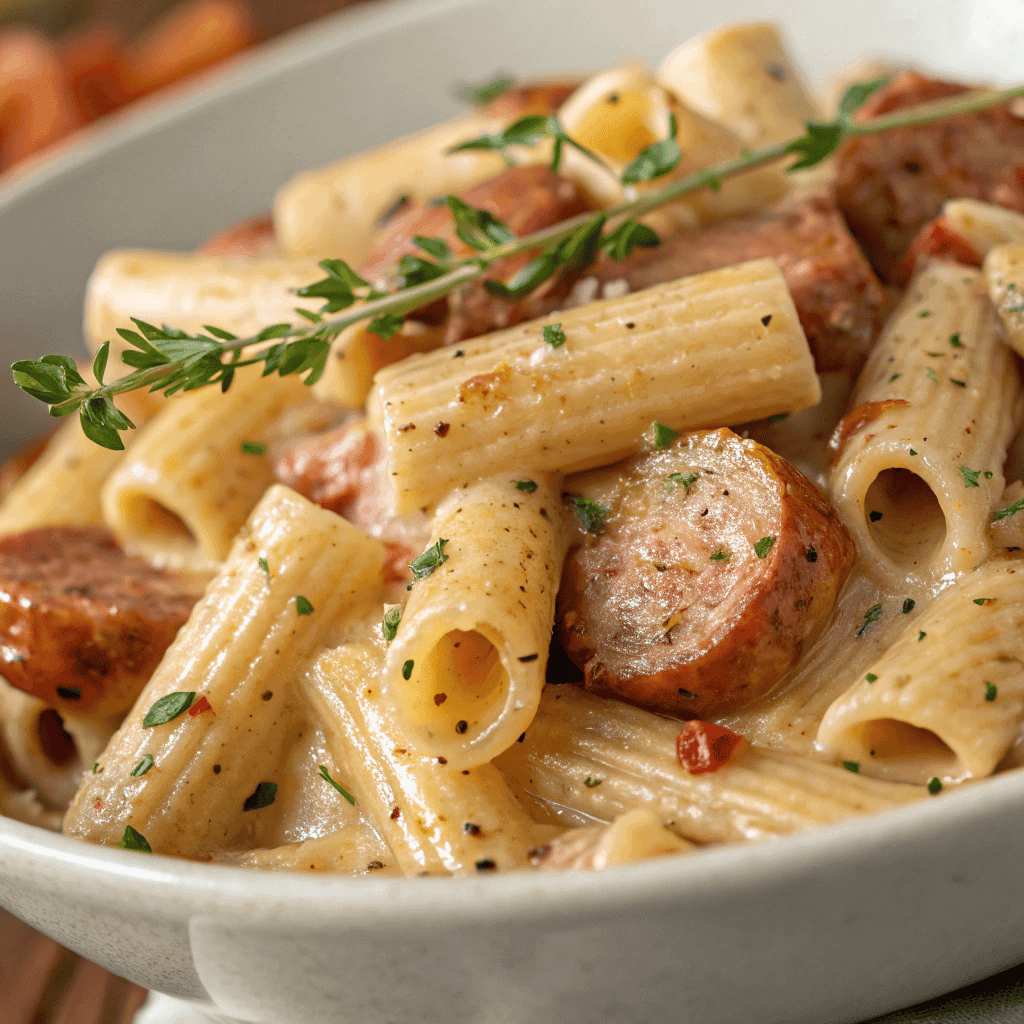 One Pot Creamy Cajun Sausage Pasta Recipe 3 Close-up macro shot showing the texture of creamy Cajun sausage pasta.