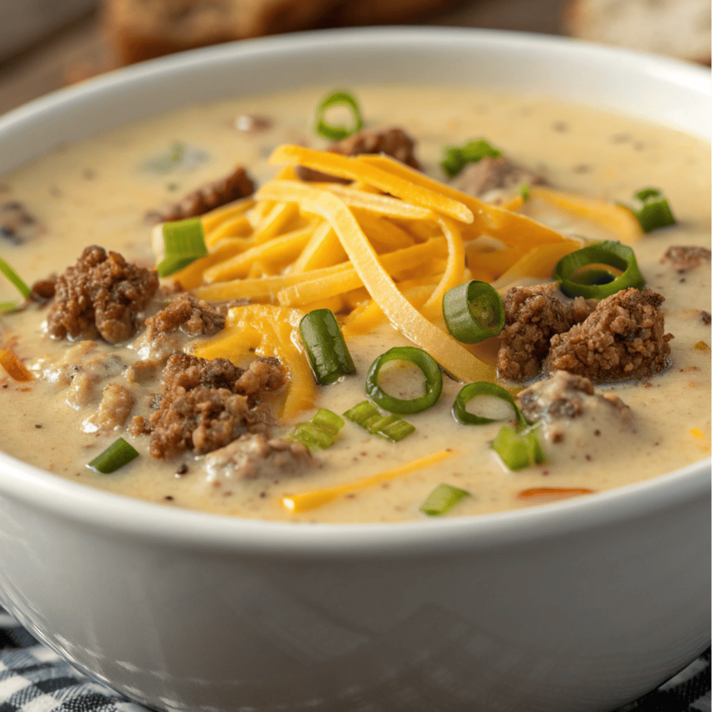 Close-up macro shot showing creamy cheese broth, potatoes, beef, cheddar, and green onions.