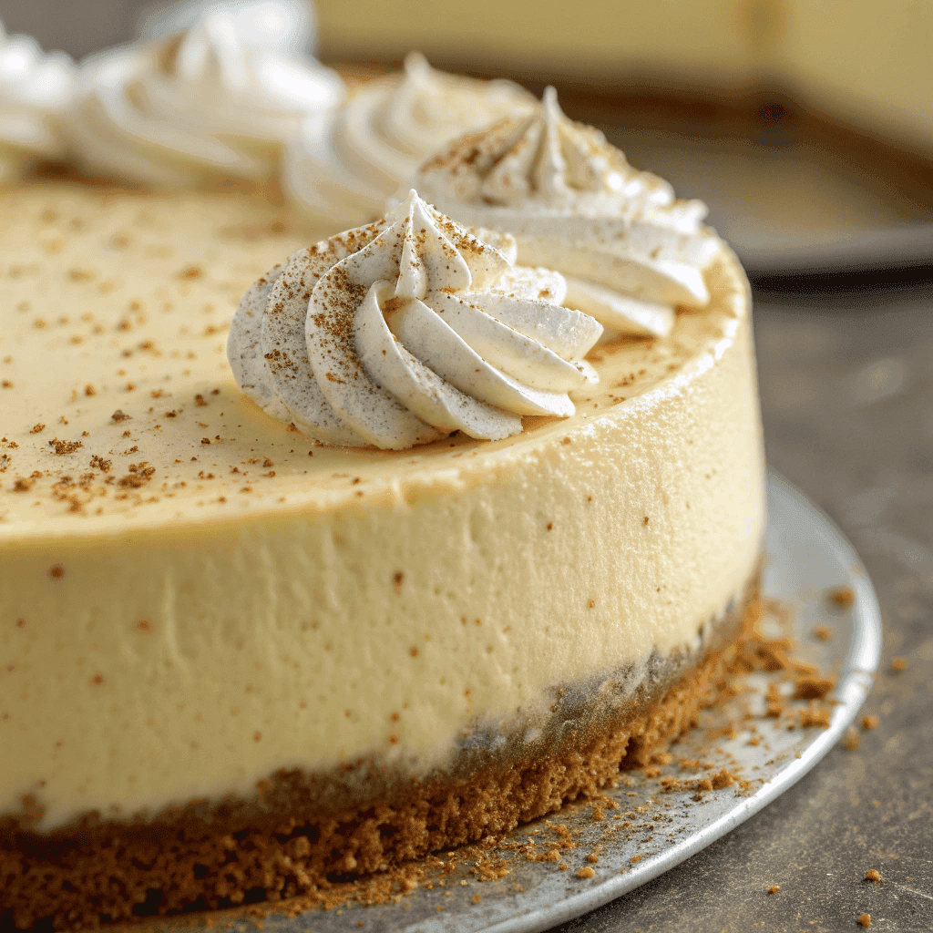Macro close-up showing detailed texture of an eggnog cheesecake slice with whipped cream.