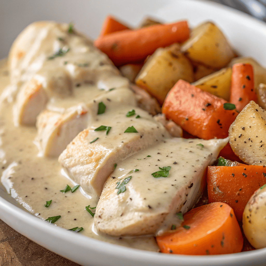Macro shot showing thick ranch sauce coating chicken, potatoes, and carrots.