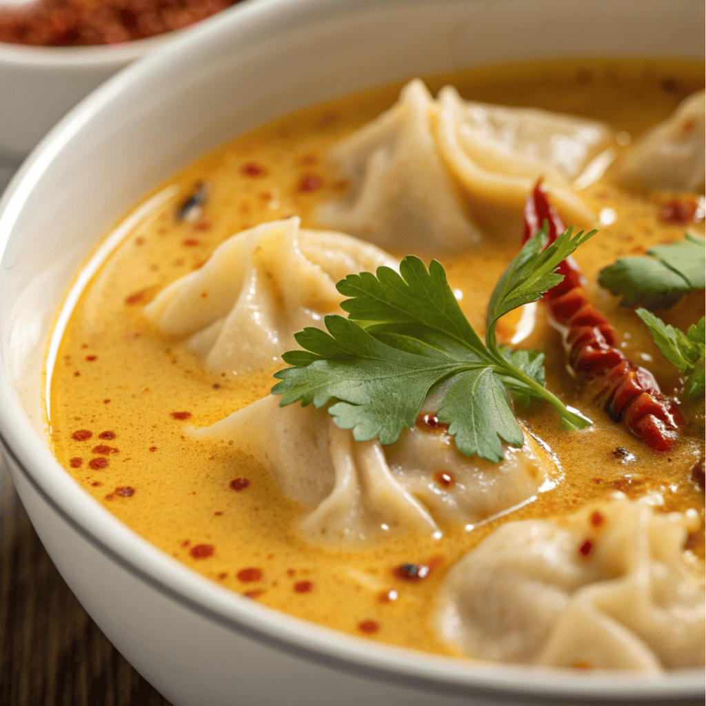 Macro shot showing close-up textures of dumplings, curry broth, chili oil, and cilantro.