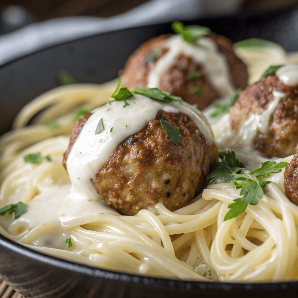 Garlic Butter Meatballs With Creamy Parmesan Pasta 3 Close-up macro shot of meatball texture, creamy sauce, spaghetti strands, and parsley.