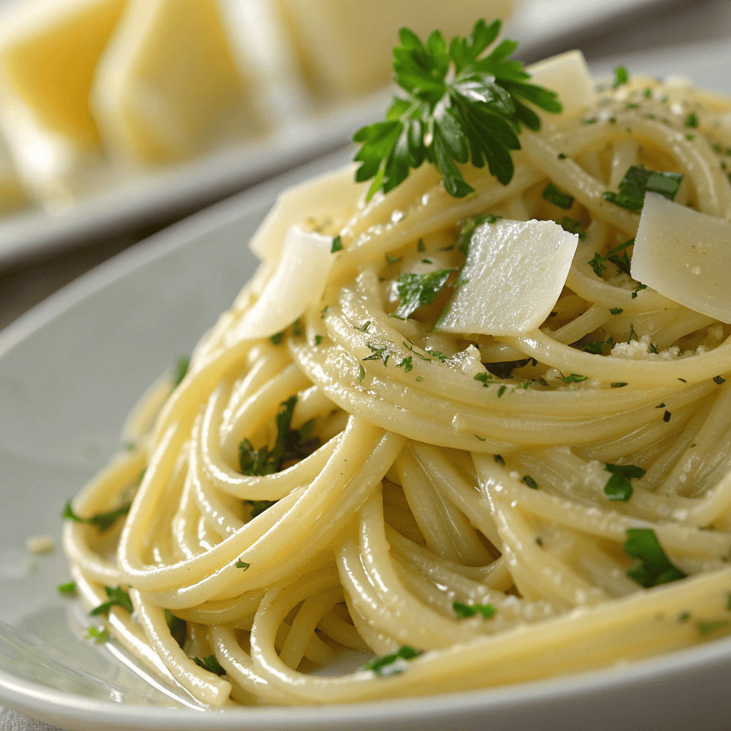 Macro shot showing the glossy buttery texture and parmesan on garlic butter spaghetti.