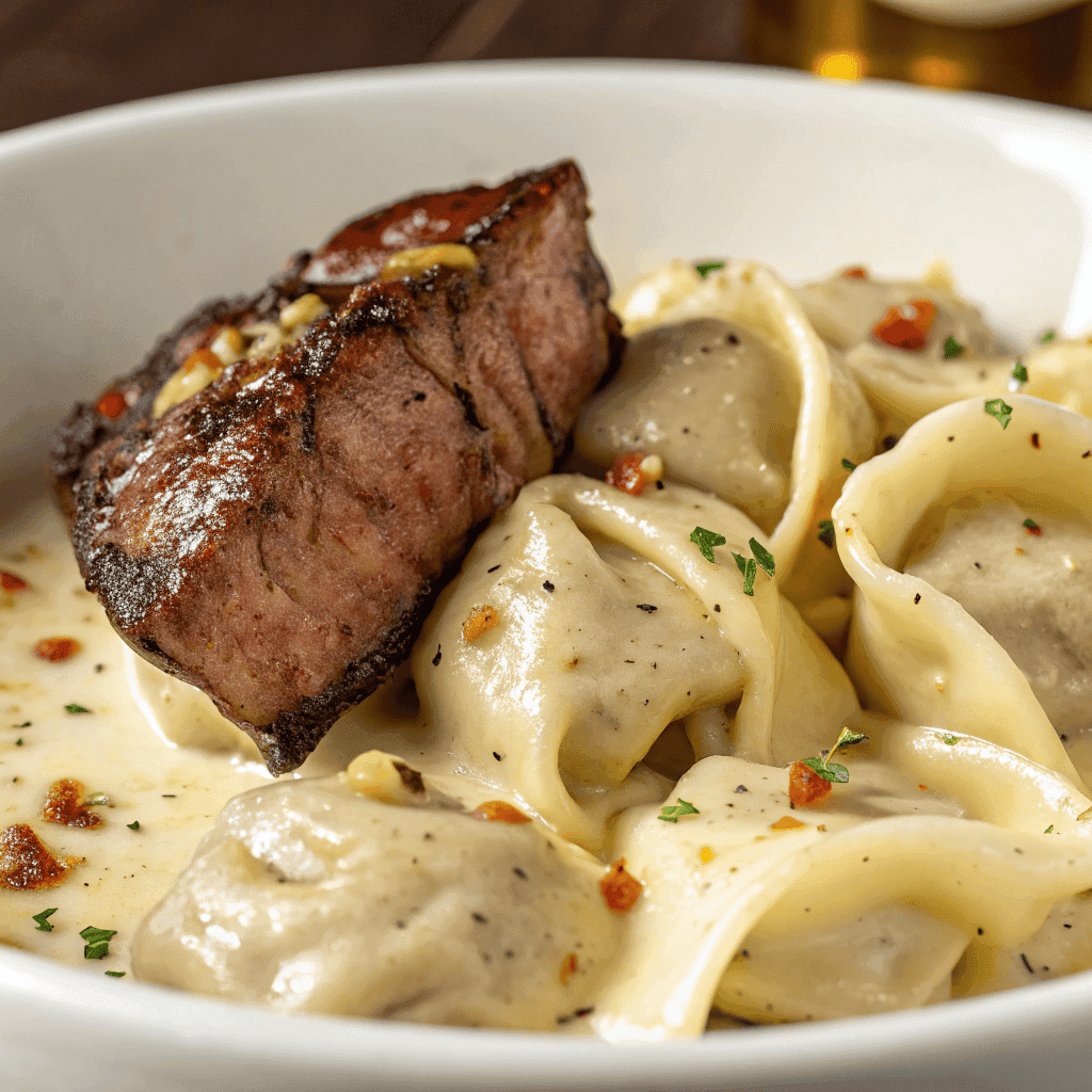 Macro shot showing creamy tortellini texture and seared steak surface details.