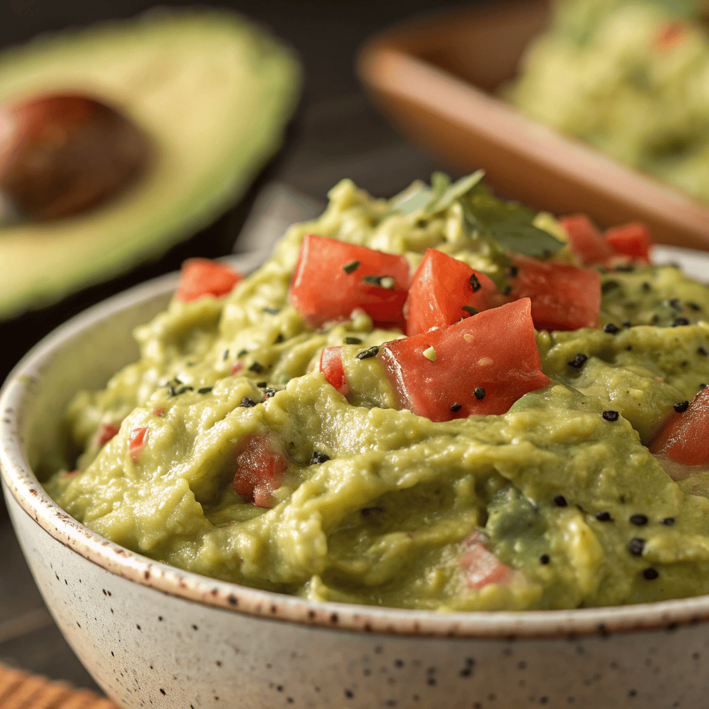 Extreme close-up macro shot showing the chunky texture of homemade guacamole.