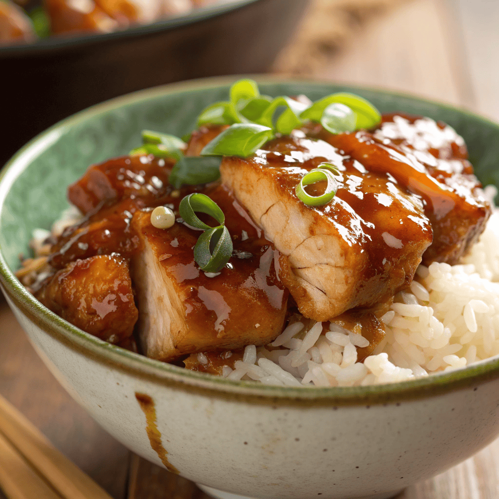 Macro shot showing caramelized BBQ glaze and tender chicken over rice.