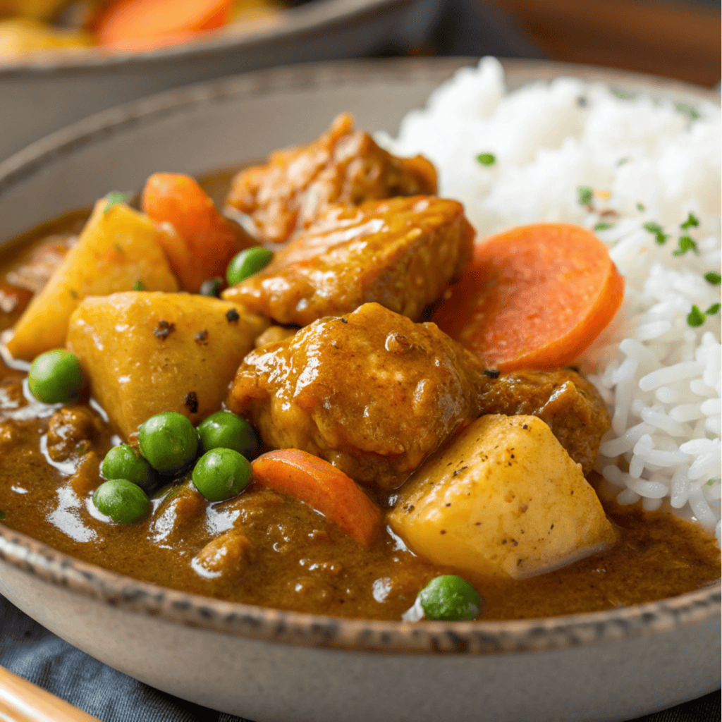 Close-up macro shot of Japanese curry showing textures of chicken, potatoes, carrots, peas, and rice.