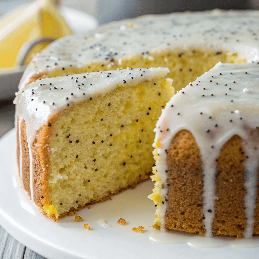 Macro texture shot showing poppy seeds and crumb detail in lemon poppy seed cake.