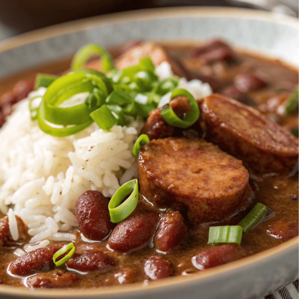 Classic Louisiana Red Beans and Rice with Cajun Chicken 3 Close-up macro shot showing textures of beans, sausage, gravy, rice, and scallions.