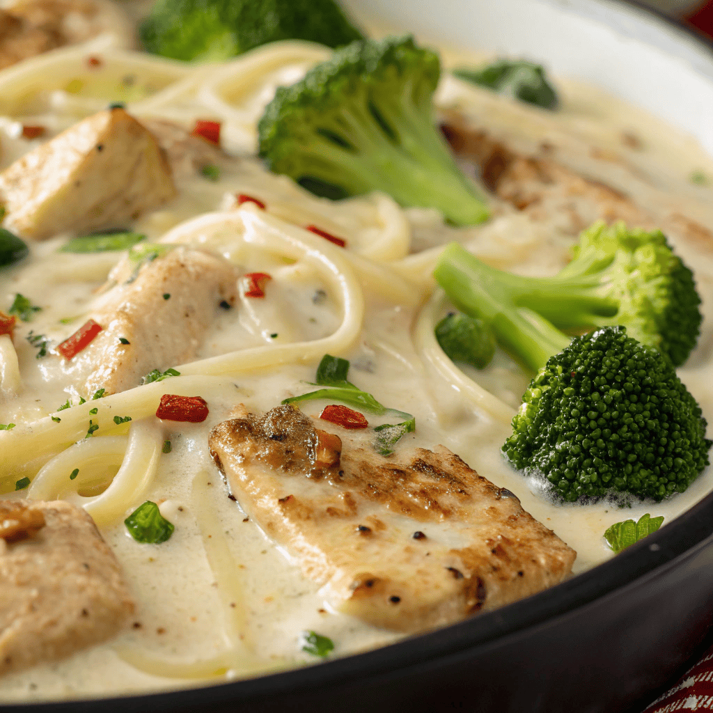 Extreme close-up showing creamy Alfredo sauce, chicken, broccoli, and melted cheese.