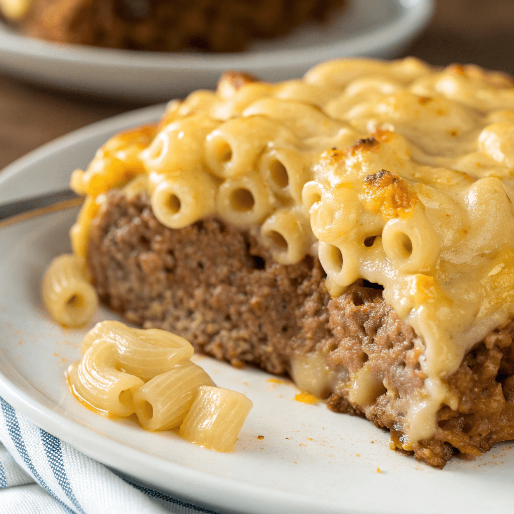 Macro shot showing macaroni, melted cheese, and meatloaf texture in mac and cheese meatloaf.