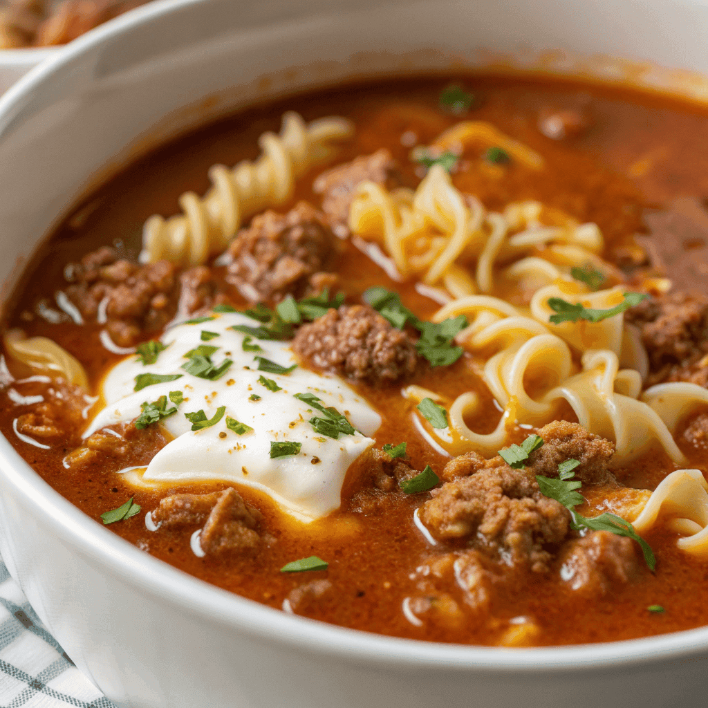 Macro close-up showing lasagna soup textures: noodles, beef, cheese, and broth.