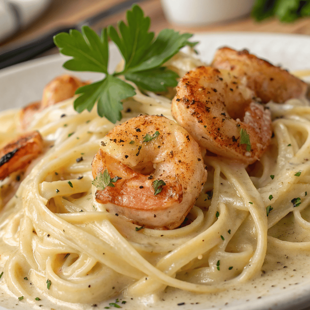 Shrimp Alfredo – Creamy Garlic Parmesan Pasta 3 Macro shot showing detailed texture of creamy Alfredo pasta and seasoned shrimp.